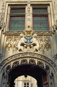 France, Seine Maritime, Rouen, place de la Pucelle, Hôtel de Bourgtheroulde was built in the first half of the sixteenth century by Guillaume Le Roux, entrance porch decorated with two Norman-Angolan leopards supporting the family of Bourgtheroulde arms