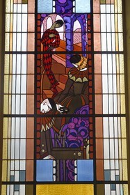 France, Allier (03), Vichy, the former Petit Casino and current Valery-Larbaud Cultural Center, Art Deco stained glass window by master glassmaker Francis Chigot representing the Comedy