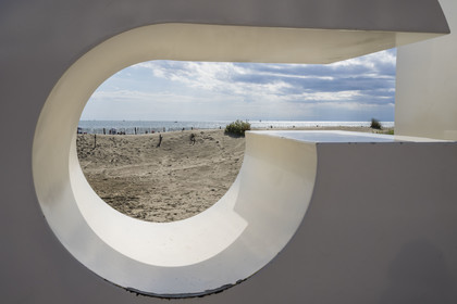 France, Herault, La Grande-Motte, labeled 20th century heritage, Couchant (setting sun) district west of the port, the Couchant beach seen through the LGM sculpture