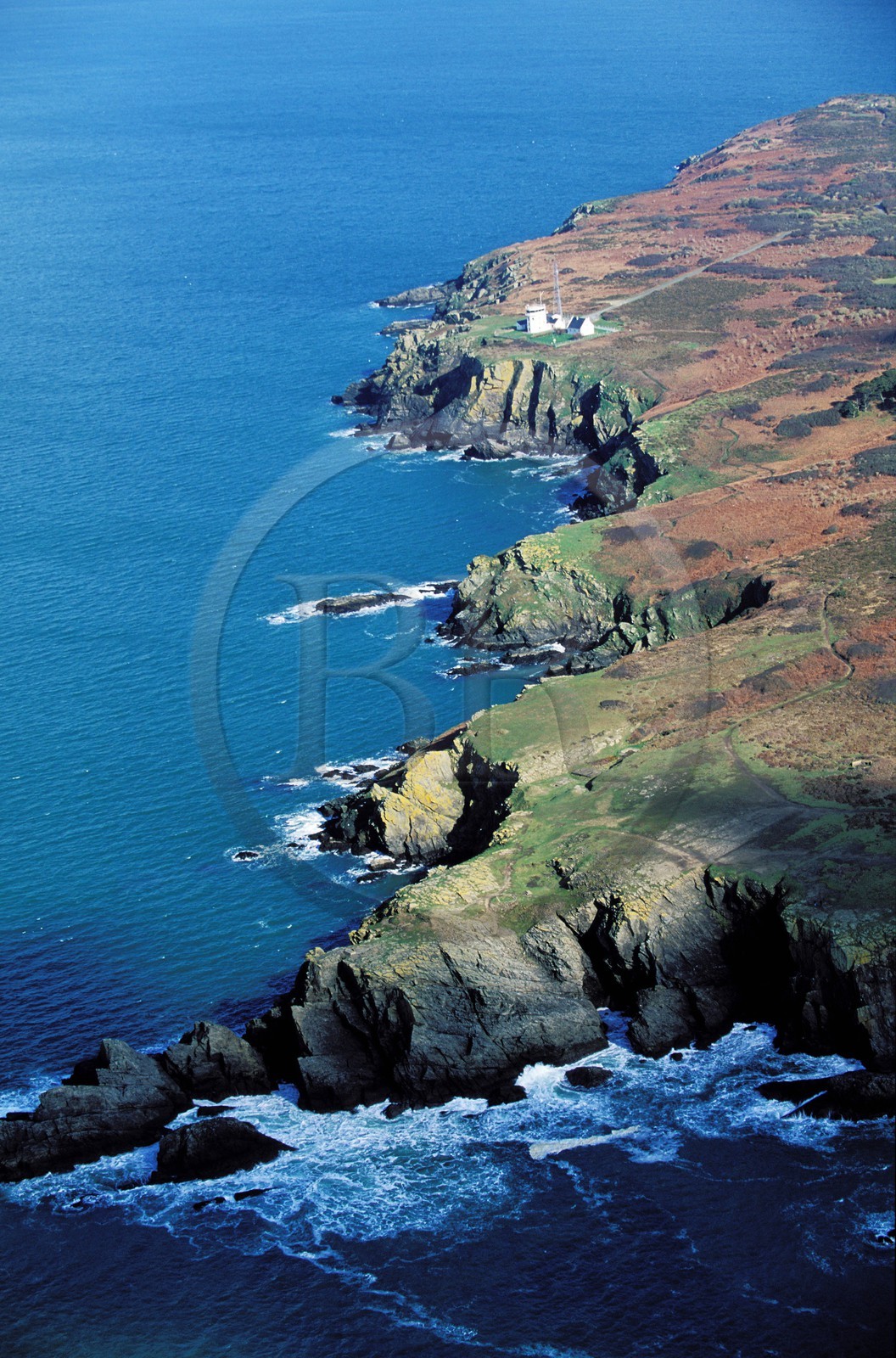 France, Morbihan, Groix island, natural reserve of Pen Men headland (aerial view)