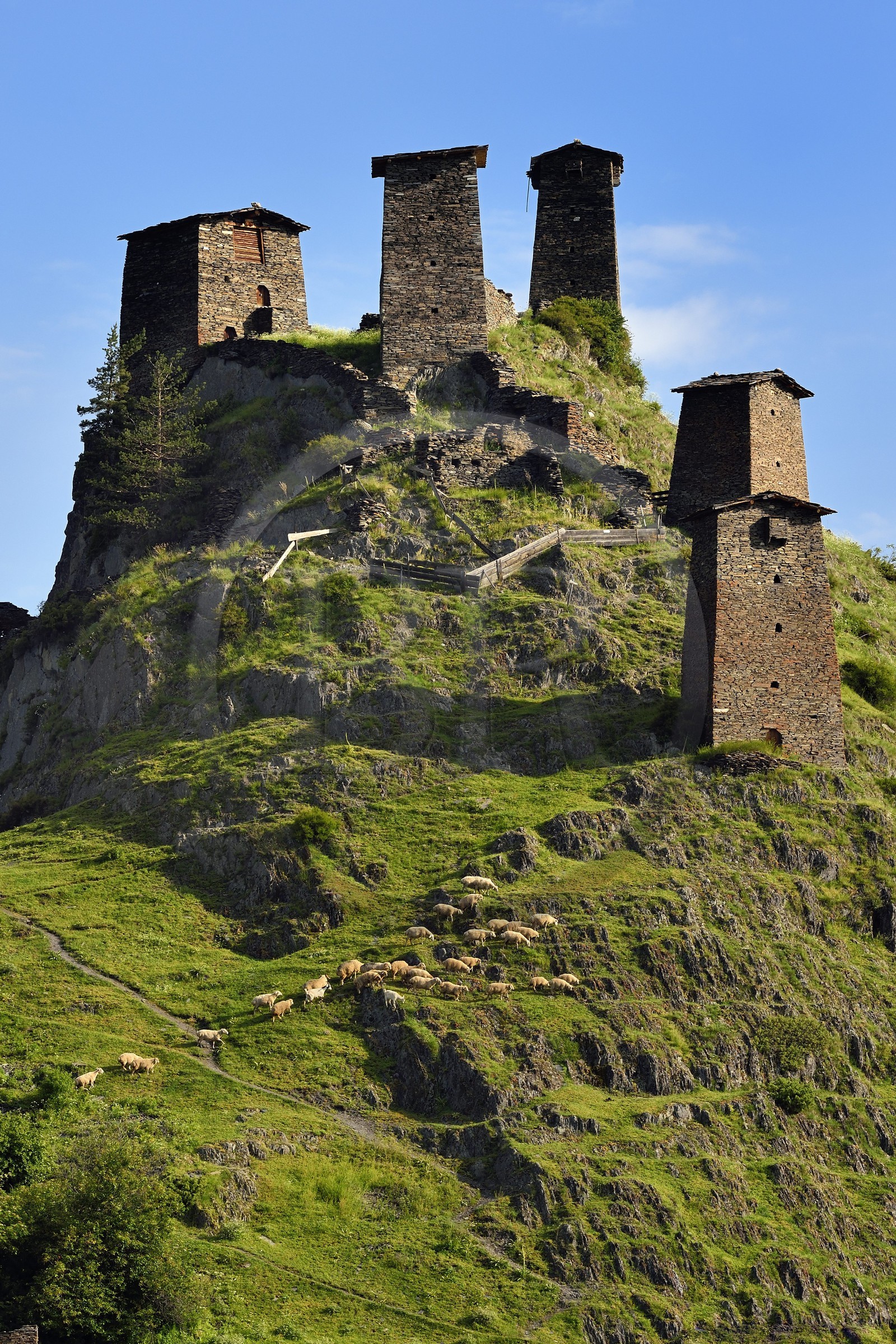 Géorgie, Kakheti, Parc national de Touchétie, Omalo, la forteresse de Keselo de Zemo (haut) Omalo a servi de refuge aux habitants en temps de guerre, tours fortifiées médiévales