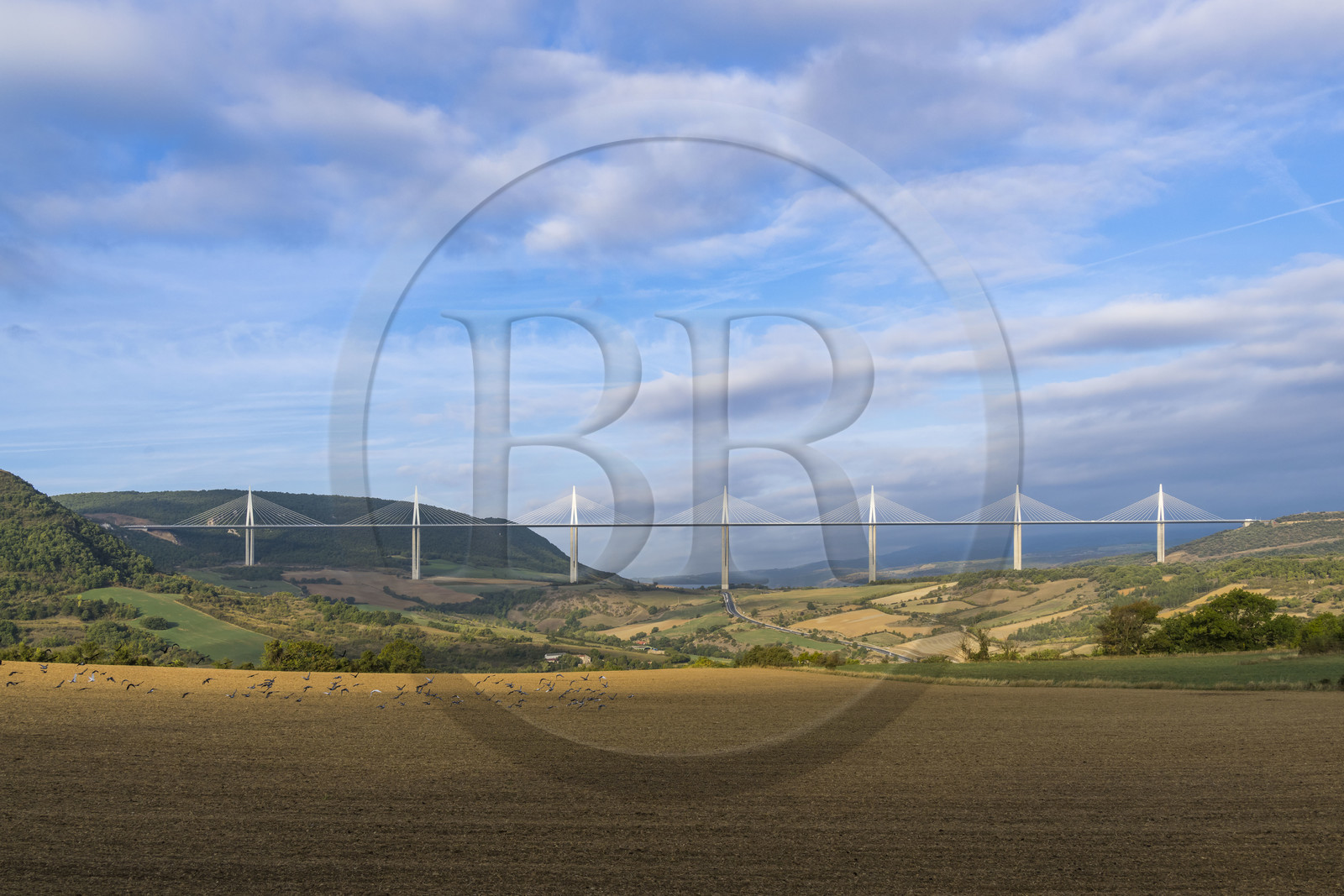 France, Aveyron, Grands Causses regional natural park, Millau, the Millau viaduct by architects Michel Virlogeux and Norman Foster, between the Causse du Larzac and the Causse de Sauveterre above the Tarn river
