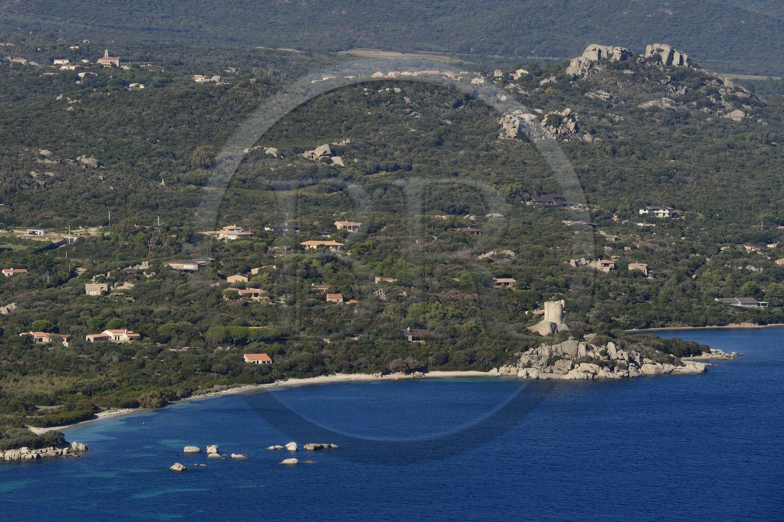 France, Corse du Sud, Pianottoli-Caldarello, Caldarello genoese tower (aerial view)