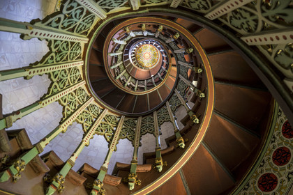 France, Pyrenees Atlantiques, Basque Country coast, Hendaye, Abbadia castle built in 1870 by Eugène Viollet-le-Duc for Antoine d'Abbadie d'Arrast, spiral staircase of the south turret