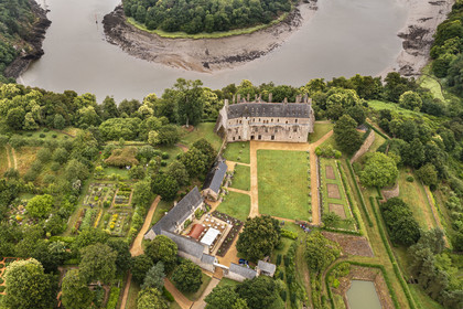 France, Cotes d'Armor, Ploezal, castle of La Roche-Jagu and its gardens on the banks of the Trieux river, the medicinal garden on the left (aerial view)