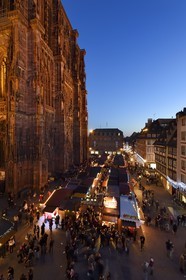 France, Bas Rhin, Strasbourg, listed as World Heritage by UNESCO, Place de la Cathedrale, Christmas Market (Christkindelsmarik) and the Notre Dame Cathedral