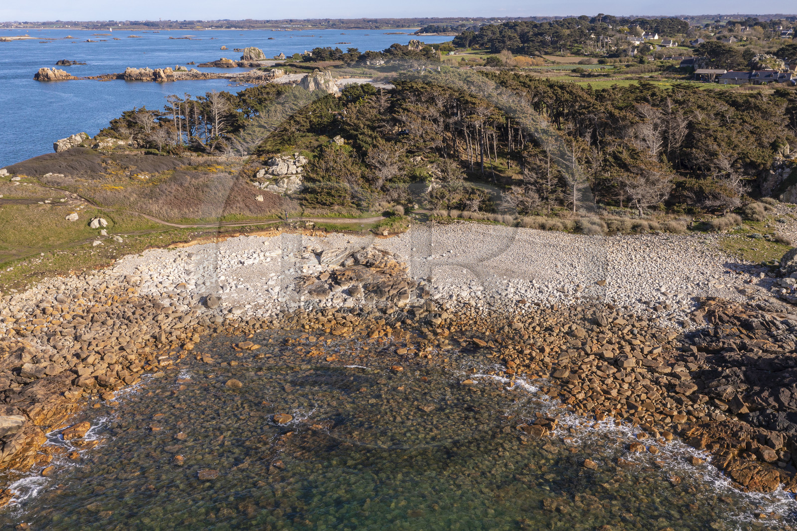 France, Côtes-d'Armor, Cote d'Ajoncs, Plougrescant, the pebble beach of Porz Bugalé below the place called La Pointe du Chateau (aerial view)