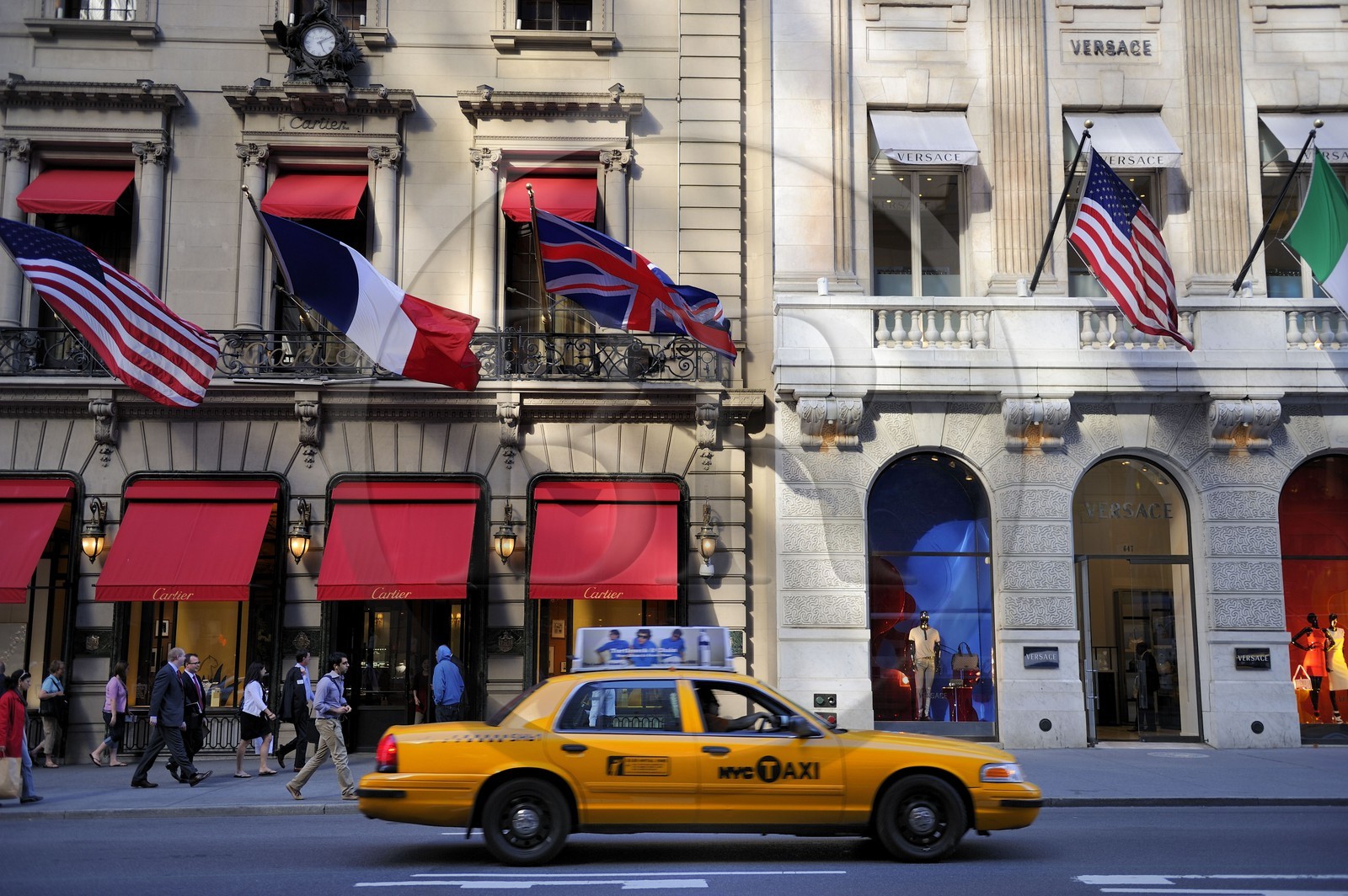 United States, New York, Manhattan, Midtown, Cartier and Versace on 5th Avenue