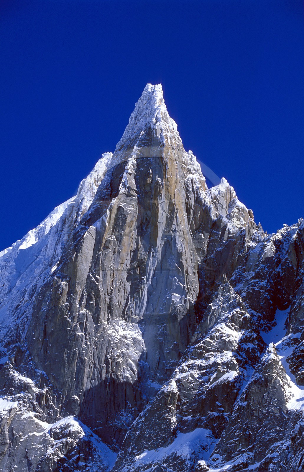France, Haute Savoie, Chamonix valley, Mer de glace (Sea of ice) in the Vallee Blanche, Mont Blanc, Aiguille of the Dru at the summit of the Aiguille verte