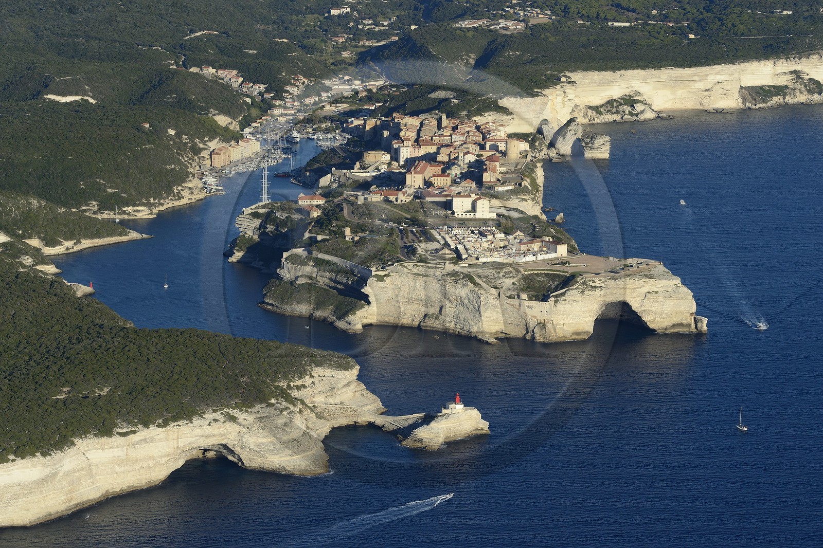 France, Corse-du-Sud (2A), Bonifacio, les falaises calcaires, la citadelle et la vieille ville (vue aérienne)