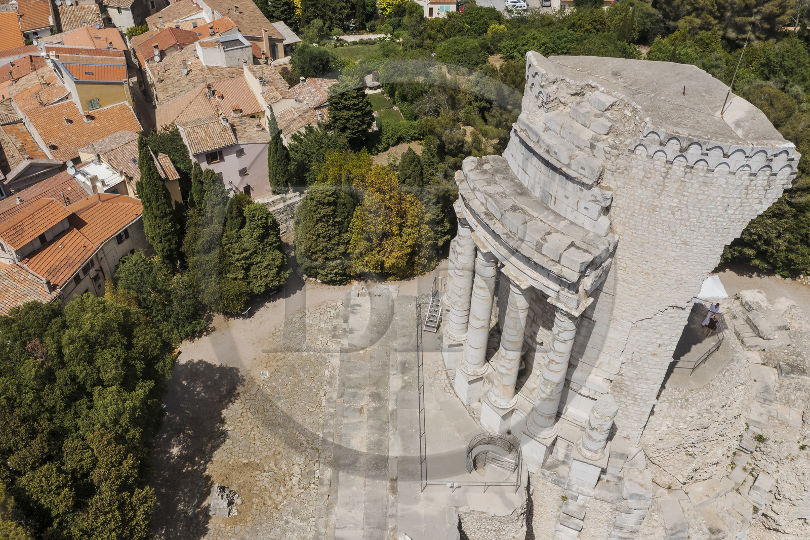 France, Alpes-Maritimes, La Turbie, Trophée d'Auguste or Trophée des Alpes, Roman monument built in the year 6 BC. (aerial view)