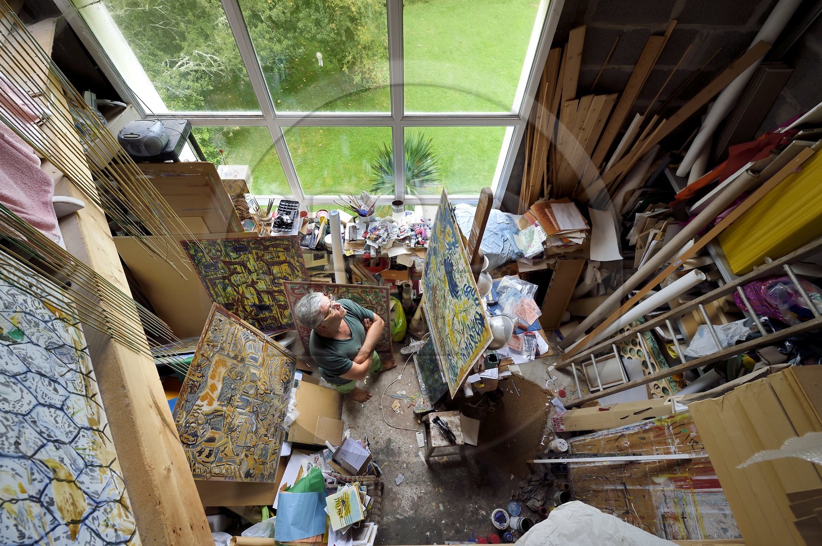 France, Finistere, Lannilis, Prat Ar Coum, the artist Loic Madec in his workshop