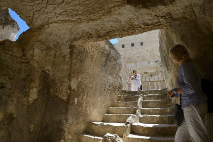 Israel, Jerusalem, holy city, the old town listed as World Heritage by UNESCO, the Temple Mount in the Davidson Center, staircase of the Mikveh (or mikvah), ritual immersion bath at the foot of the western retaining wall of the Temple built by Herod the Great