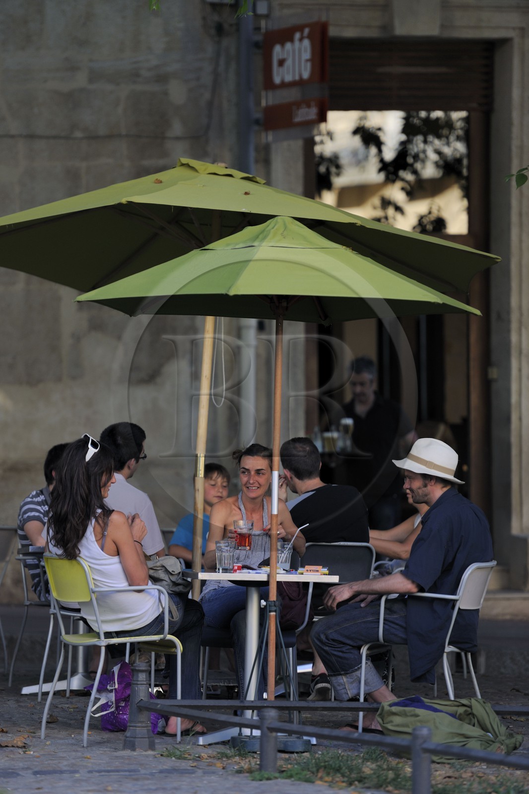 France, Herault, Montpellier, historical center, the Ecusson, cafe terrace on Canourgue square