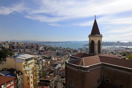 Turkey, Istanbul, Beyoglu District, St. Anthony church in the foreground and Bosphore Strait in the background