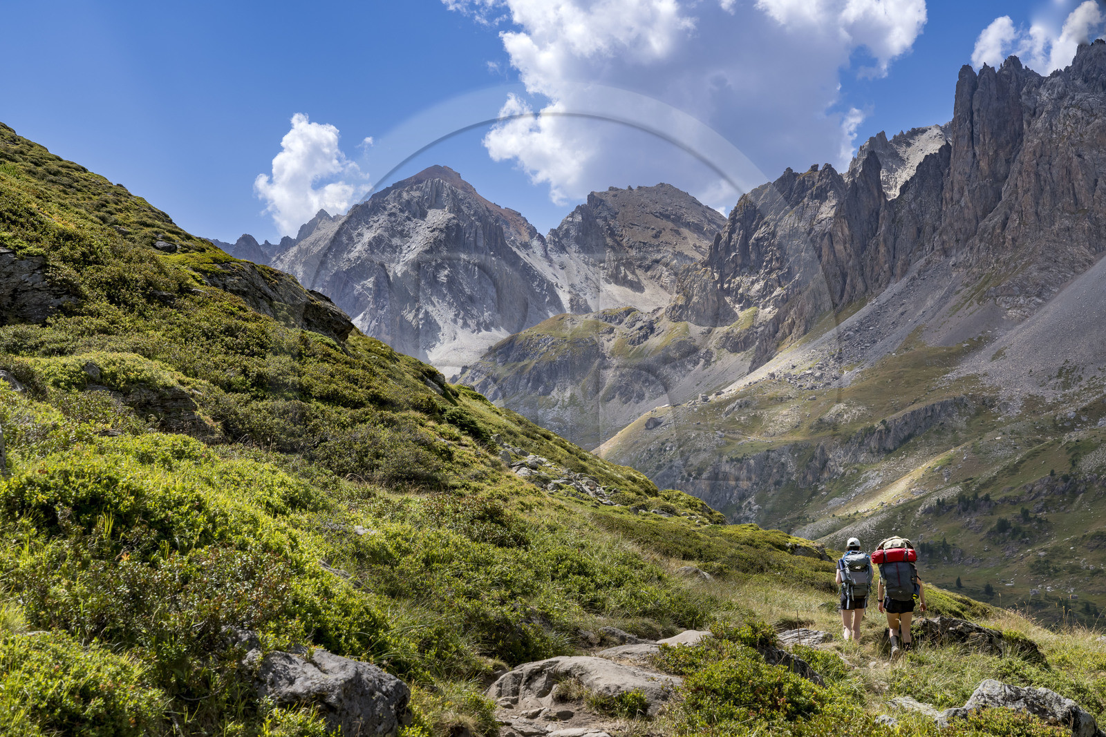 France, Hautes Alpes (05), le Briançonnais, Névache, randonneurs dans la haute vallée de la Clarée, le massif des Cerces en arrière-plan