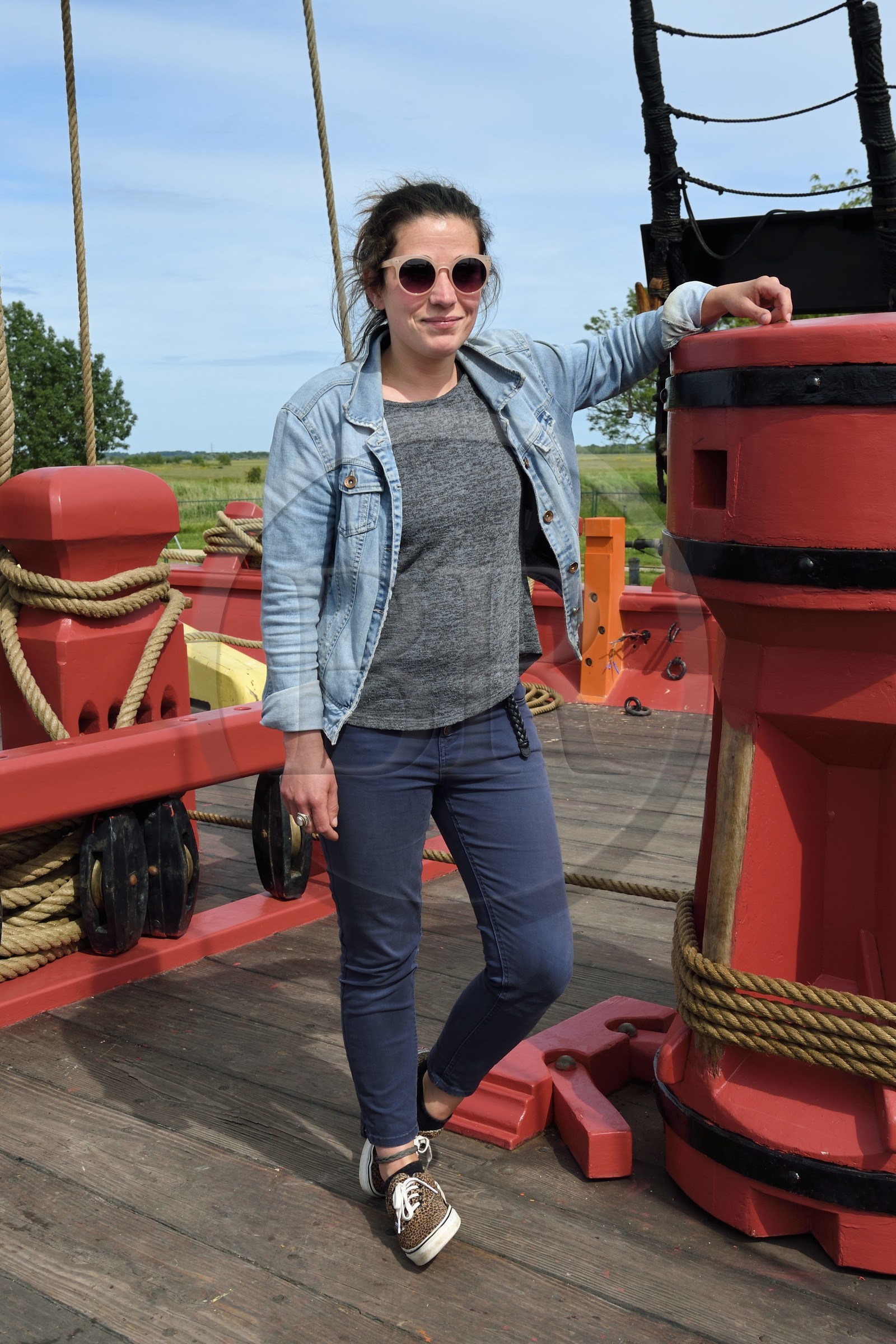 France, Charente-Maritime, Rochefort, International Center of the Sea in the former Rochefort Maritime Dock, the frigate Hermione replica of the three-master ship where the Marquis de Lafayette sailed for America in 1780, Amandine Delahay was on board during the inaugural crossing to New York in 2015
