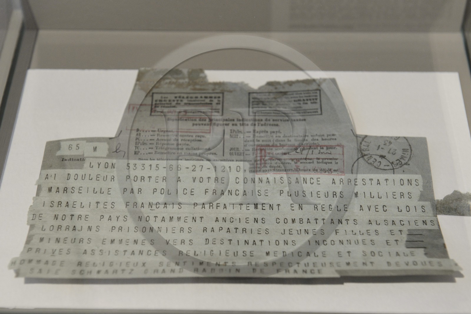 France, Rhône (69), Lyon, Centre d'Histoire de la Résistance et de la Déportation (CHRD), télégramme du Grand Rabbin Schwartz au pasteur Boegner annoncant une rafle par la police française