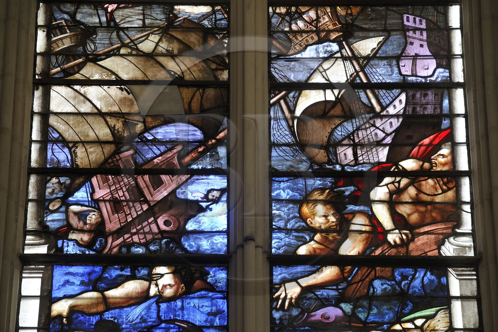 France, Val-de-Marne (94), Vincennes, le château de Vincennes, vitraux de la Sainte Chapelle représentant l'Apocalypse, la mer changée en sang (détail)