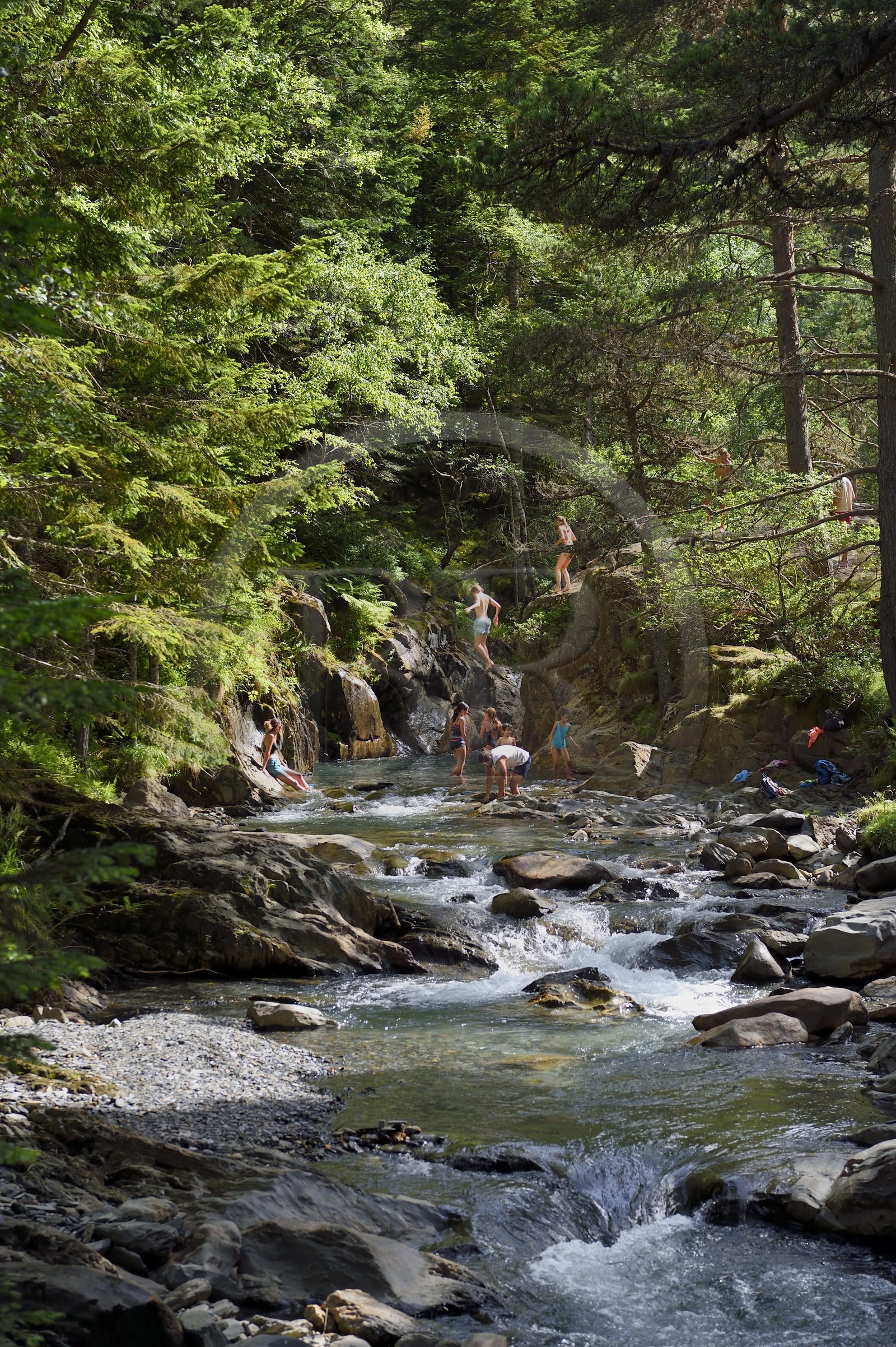 France, Hautes-Pyrénées (65), Saint-Lary-Soulan, vallée du Rioumajou, baignade dans la (rivière) Neste de Rioumajou