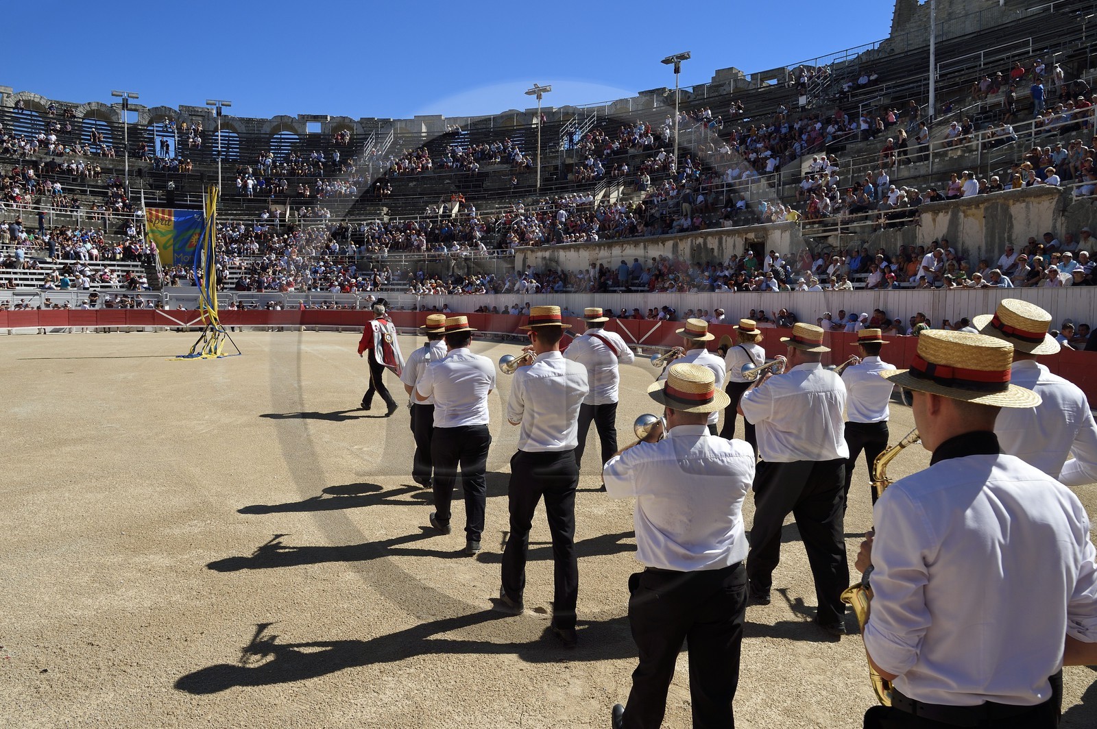 France, Bouches du Rhone, Arles, the course camarguaise of the Cocarde d'Or at the Arenas, arrval of the fanfare