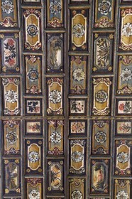 France, Puy de Dome, Clermont Ferrand, painted ceiling dating from 1657 of the chapel of Notre-Dame du Bon Pasteur, six hundred suspended wooden boxes covered with flowers and landscapes