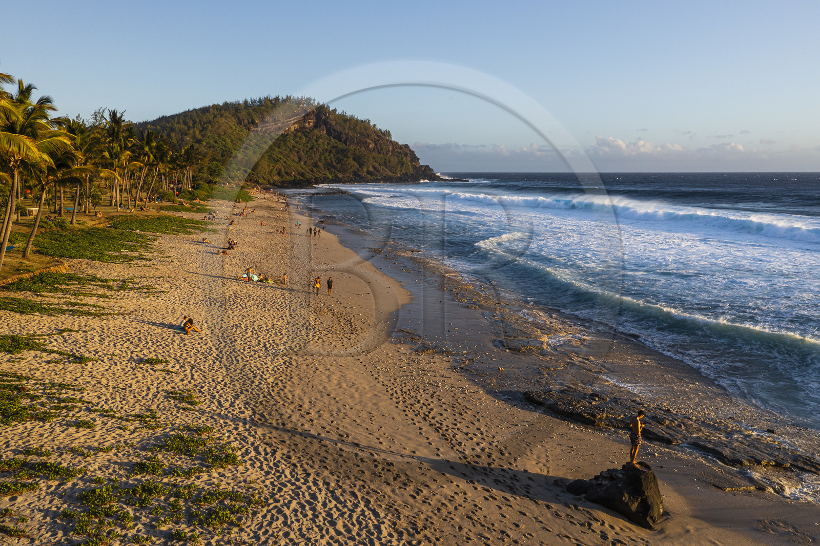 France, Ile de la Reunion, Petite-Ile sur la côte sud, plage de sable blanc de Grand-Anse au pied de piton Grande-Anse (vue aérienne)