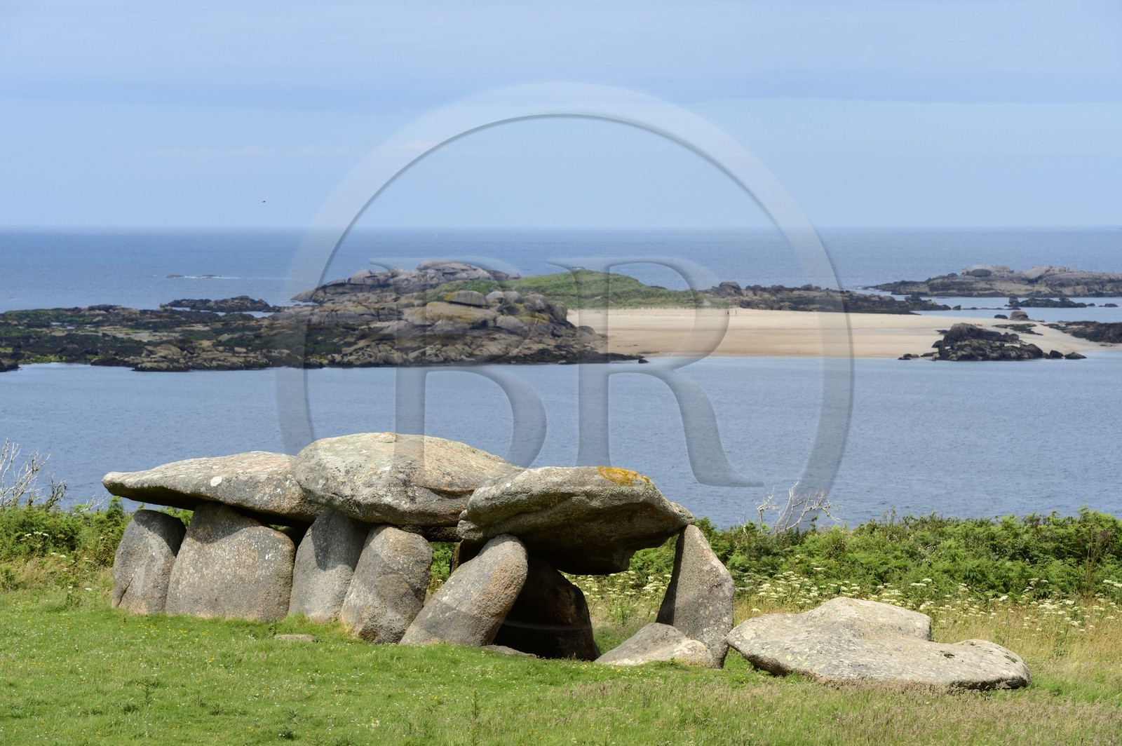 France, Cotes-d'Armor, Cote de Granit Rose (the Pink Granite coast), Trebeurden, covered alley on Milliau island and the Molene island in the background