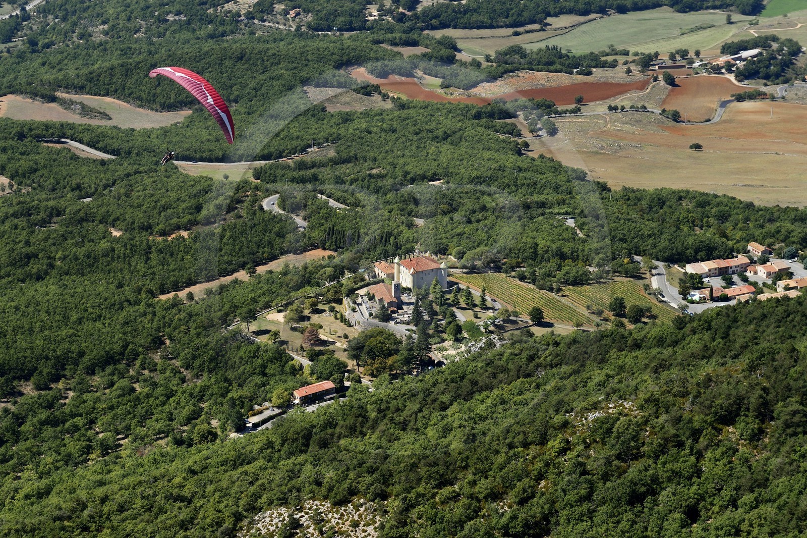 France, Var, Parc Naturel Regional du Verdon, the Renaissance castle of Aiguines and the St. John's Church (aerial view)