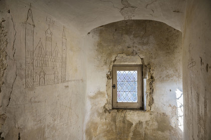 France, Aveyron, Causses and the Cévennes, cultural landscape of Mediterranean agro-pastoralism, listed as World Heritage by UNESCO, Sainte-Eulalie-de-Cernon, Templar Commandery then Hospitaller Commandery of the Order of Saint John of Jerusalem, graffiti of three churches signed by a certain Roquelon in 1761