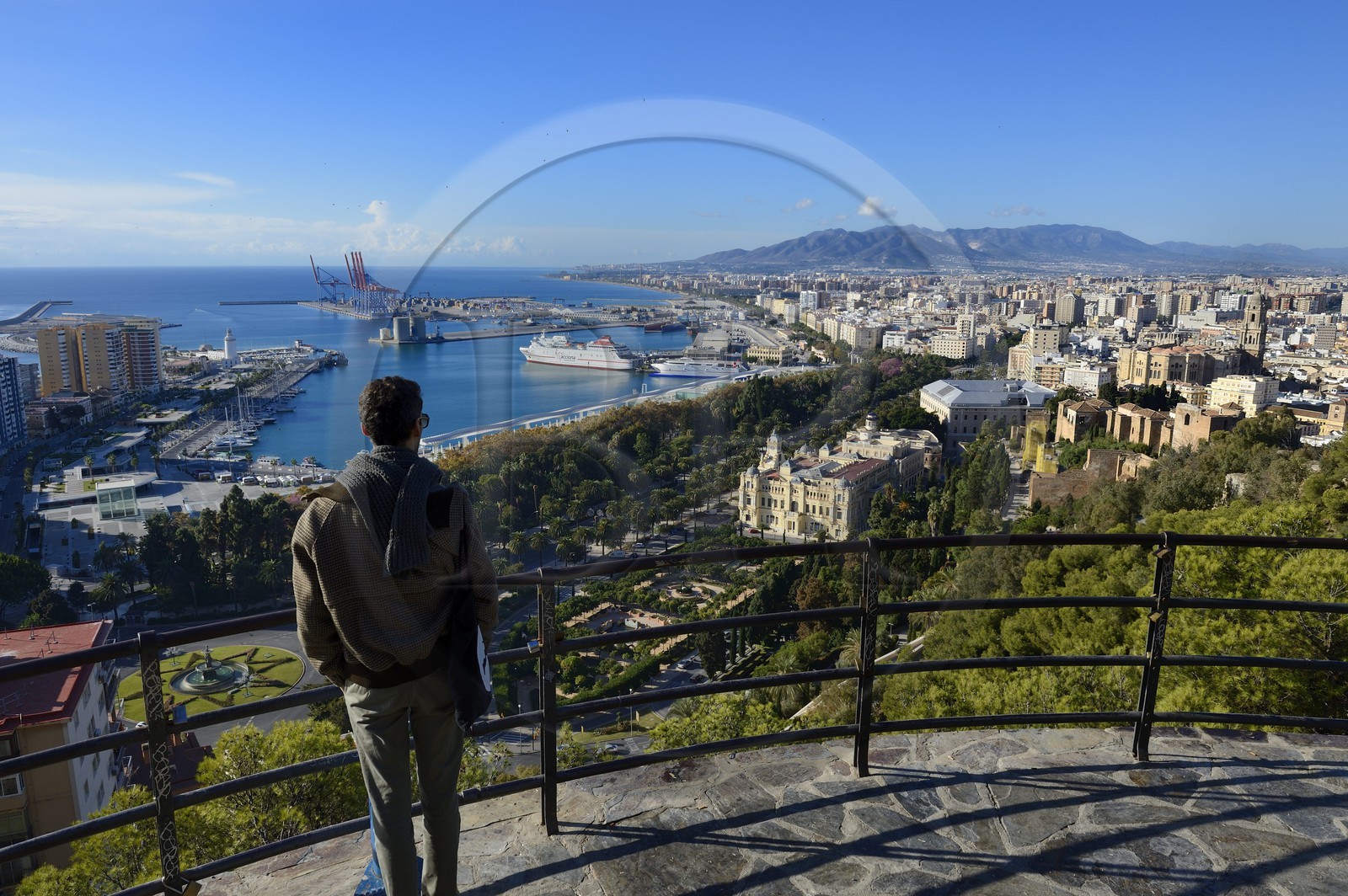 Spain, Andalusia, Malaga, general view over the harbor, the city hall, the Alcazaba and the cathedral