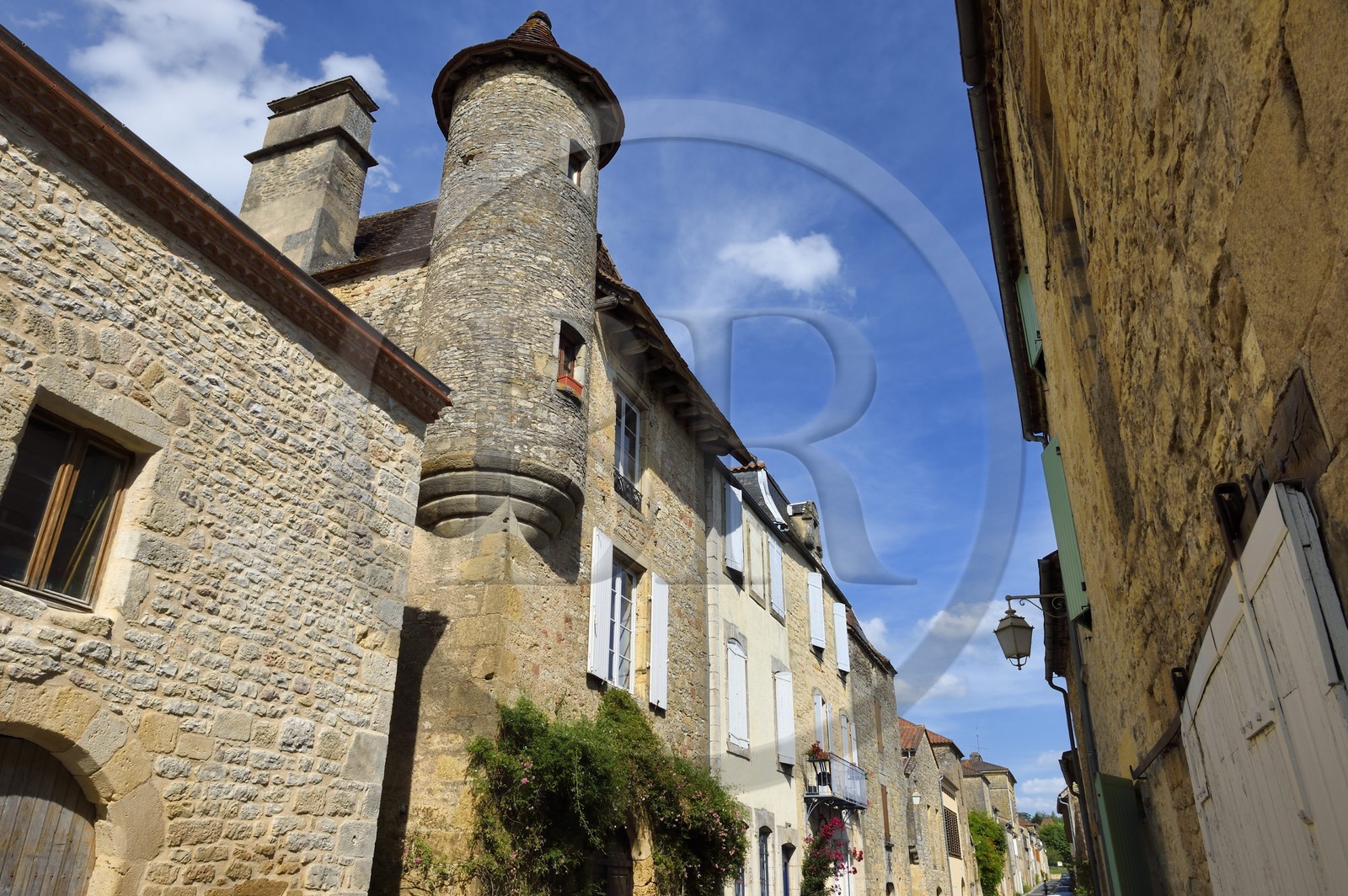 France, Dordogne (24), Périgord Noir, Villefranche-du-Périgord, maison à échauguette rue Saint-Georges
