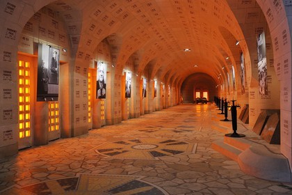 France, Meuse, Verdun area, Douaumont, Douaumont Ossuary,National Necropolis, cloister housing the tombs representing geographic areas of the Battle of Verdun which are engraved the names of fallen soldiers