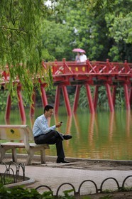 Vietnam, Hanoi, old town, Hoan Kiem Lake also called the small lake or Lake of the Restored Sword, Ngoc Son temple and the Thê Huc bridge