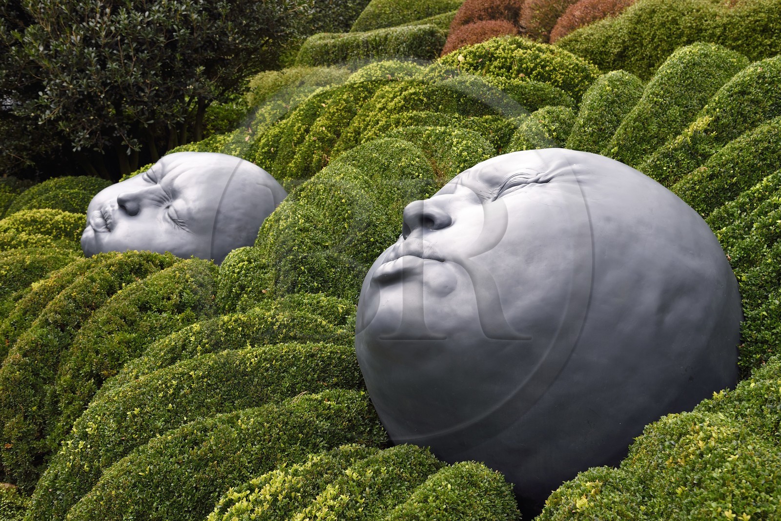 France, Seine-Maritime (76), Pays de Caux, Côte d'Albâtre, Etretat, Les Jardins d'Etretat de Alexander Grivko, les têtes géantes et rondes de Samuel Salcedo