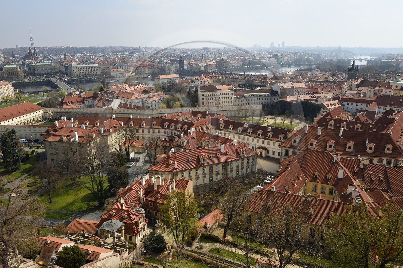 Czech Republic, Prague, Hradcany (Castle district), Mala Strana and Kampa district with the little Furstenberg garden in the foreground, the Charles Bridge and the Vltava River in the background