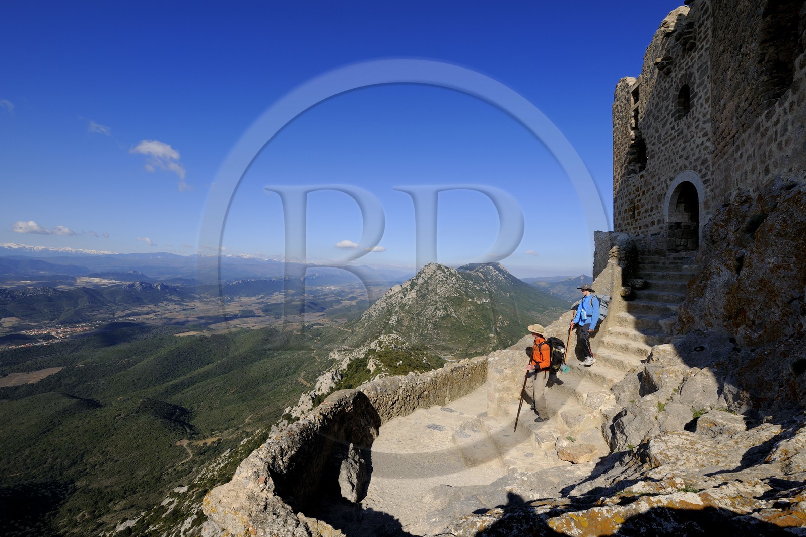 France, Aude, Cathar castle of Queribus, in front of Maury plain and the Pyrenees