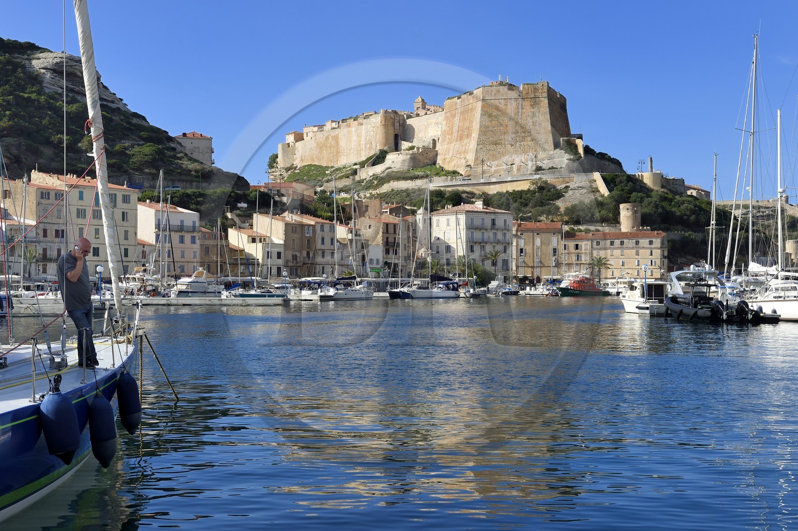 France, Corse-du-Sud (2A), Bonifacio, le port dominé par la citadelle dans la ville haute
