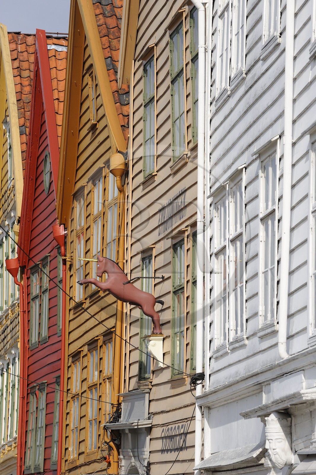 Norvège, comté de Hordaland, Bergen, maisons en bois du quartier de Bryggen, classé Patrimoine Mondial de l'UNESCO, ancien comptoir de la ligue hanséatique (la Hanse)