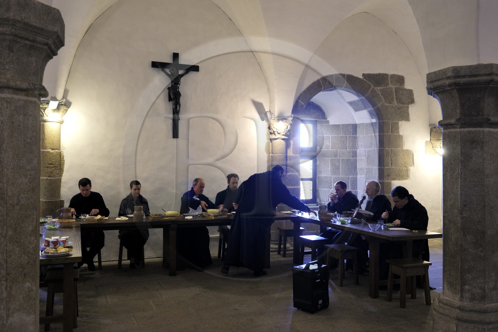France, Manche, the abbey of Mont Saint Michel, listed as World Heritage by UNESCO, lunch in the current refectory of the monks of Monastic Fraternities of Jerusalem in the abbey lodgings