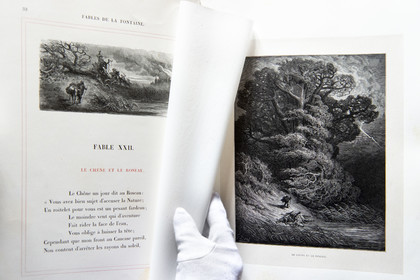France, Aisne (02), Château-Thierry, Musée Jean de La Fontaine - Ville de Chateau-Thierry, livre des Fables de La Fontaine, L. Hachette et Cie, édition illustrée (1867) par le dessinateur et graveur Gustave Doré, le Chêne et le Roseau fable XXII du livre I
