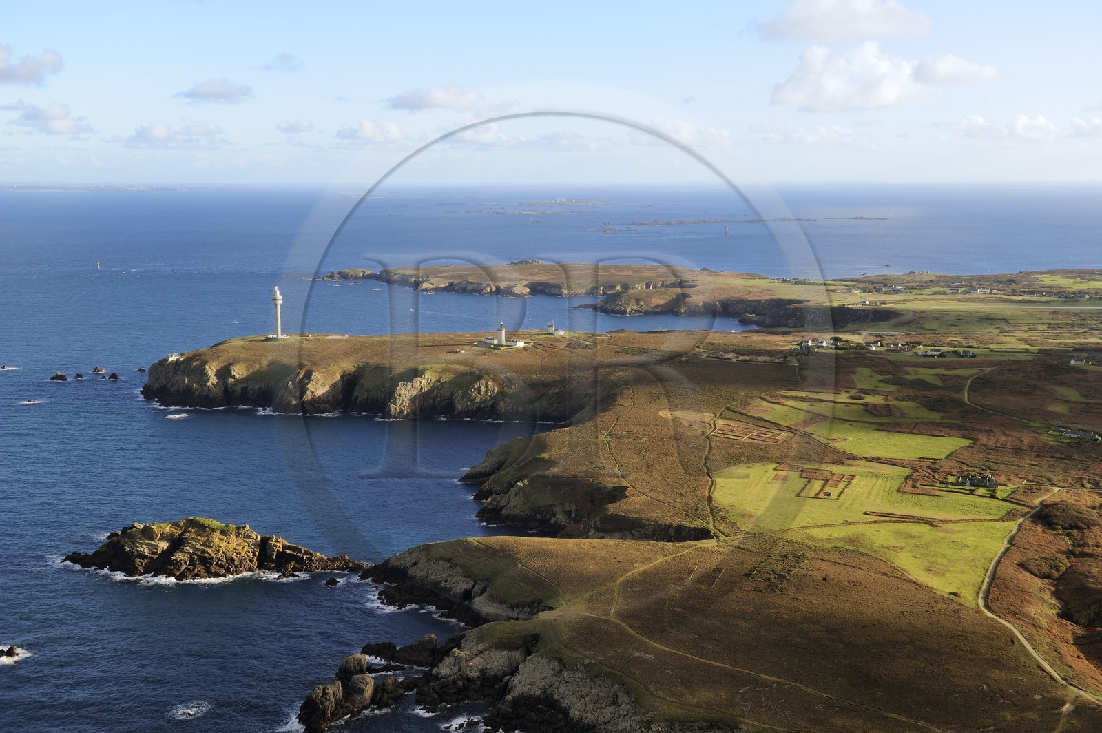 France, Finistere, the regional natural park of Armorica, Iroise sea, Ouessant island, Biosphere reserve (UNESCO), the Stiff radar tower which monitors maritime traffic from rail off Ushant (aerial view)