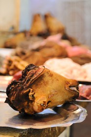 Morocco, Meknes Tafilalet Region, Meknes, Imperial City, medina listed as World Heritage by UNESCO, El Hedime covered market, sheep's head at the butcher stalls