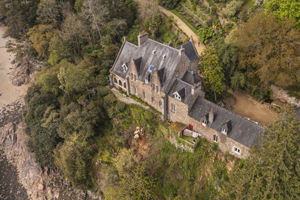 France, Côtes-d'Armor, Plouguiel, the Kestellic Botanical Garden, classified as a remarkable garden and its typically neo-Breton small manor (aerial view)