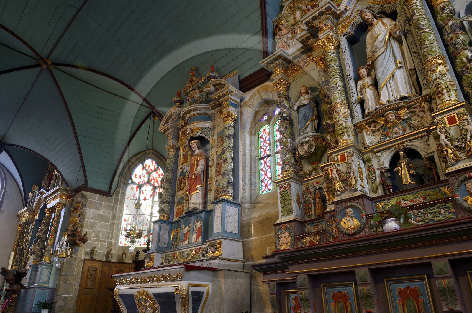 France, Finistere, Guimiliau, the church and the calvary in the Parish close (enclos paroissial), Retable of Saint Miliau