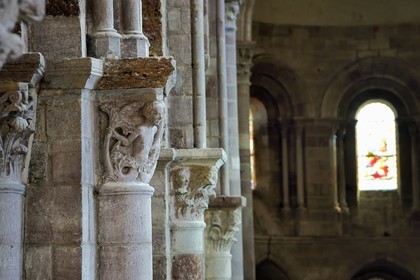 France, Haute Loire, Brioude, the Basilica of Saint-Julien de Brioude in Auvergne Romanesque style, carved capitals decorated with patterns, Triton