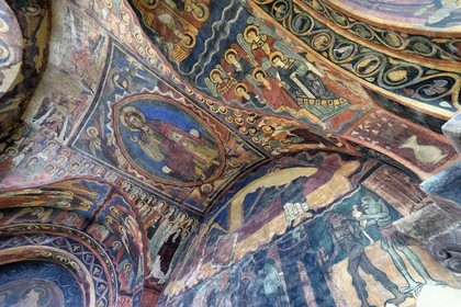 France, Haute Loire, Brioude, the Basilica of Saint-Julien de Brioude in Auvergne Romanesque style, 13th century frescoes in the Saint Michel chapel, Christ in glory is surrounded by the four evangelists, angels and saints, down representation of hell with demons taking souls