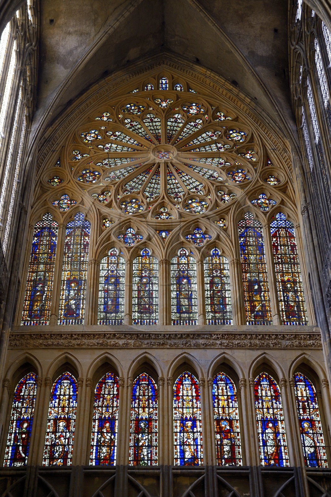 France, Moselle, Metz, Saint Etienne cathedral, western facade, 14th century stained glass windows from Hermann of Münster and the large rosette