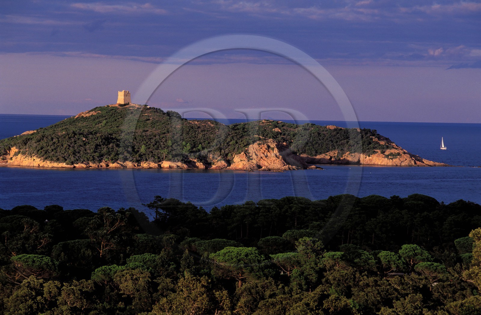 France, Corse-du-Sud (2A), la Tour Génoise de l'île de Pinarellu au nord de Porto-Vecchio