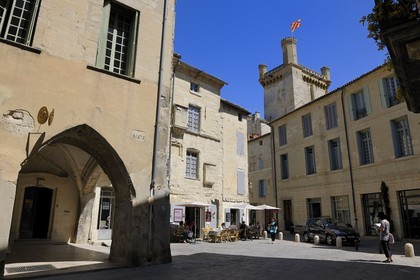 France, Gard, Uzes, listed as town of art and history, the Bermonde Tower from the Duke's castle called the Duche d'Uzes seen from the place Dampmartin